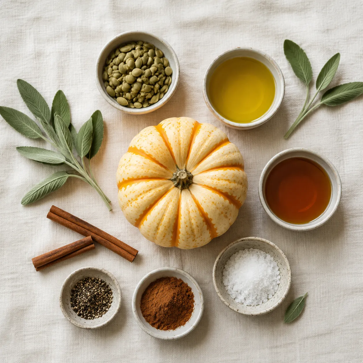 Pumpkin recipe ingredients flatlay with sugar pumpkin, seeds, maple syrup, and spices