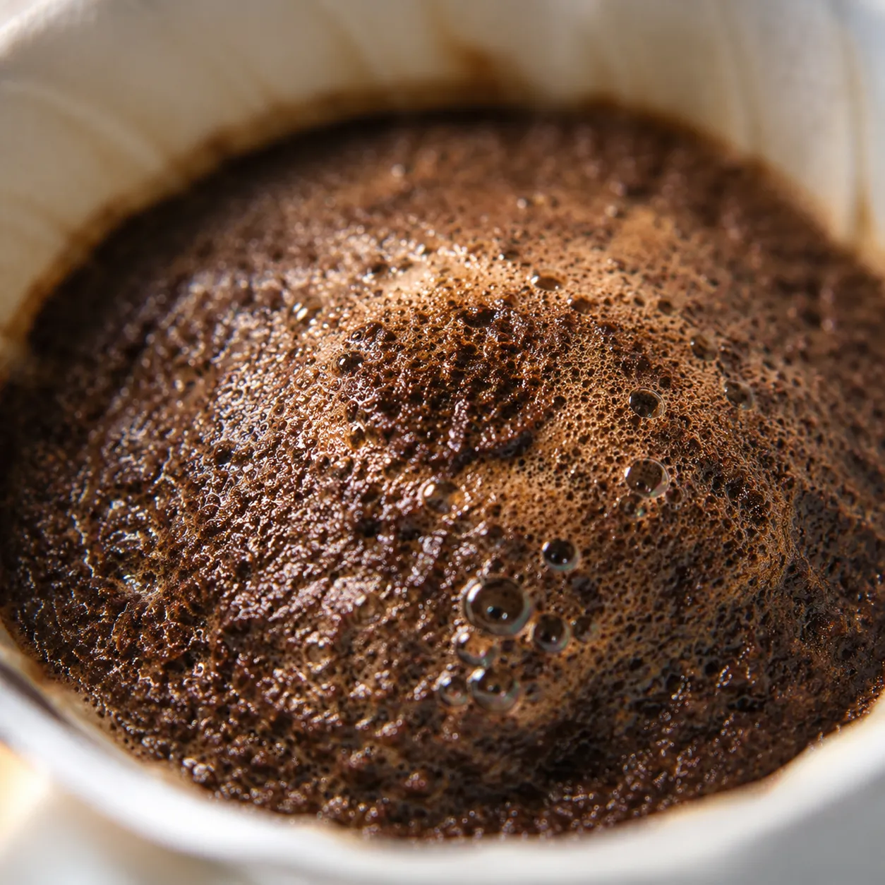 Pour over coffee bloom with grounds rising and bubbling