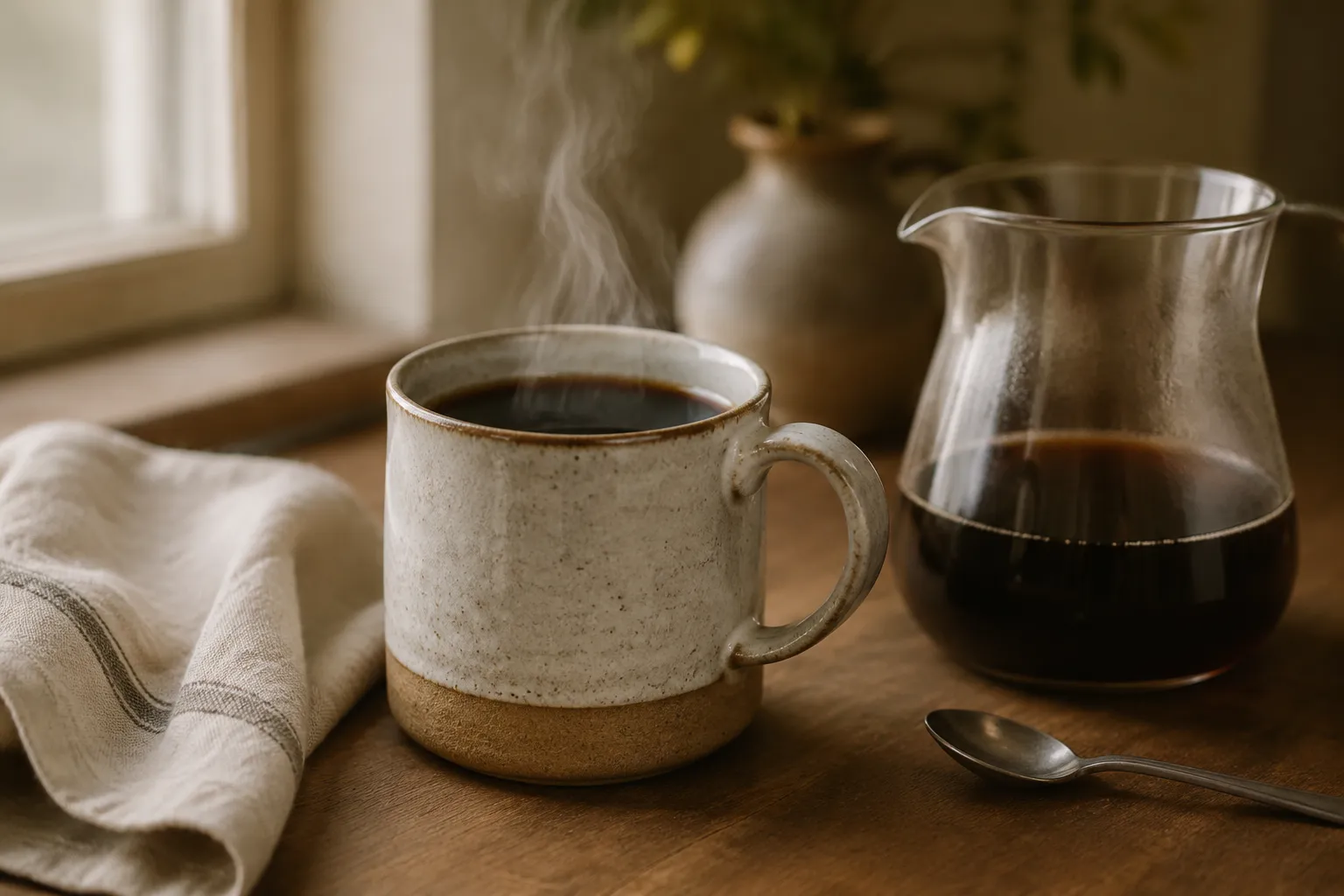 Finished pour over coffee in a ceramic mug next to a glass carafe