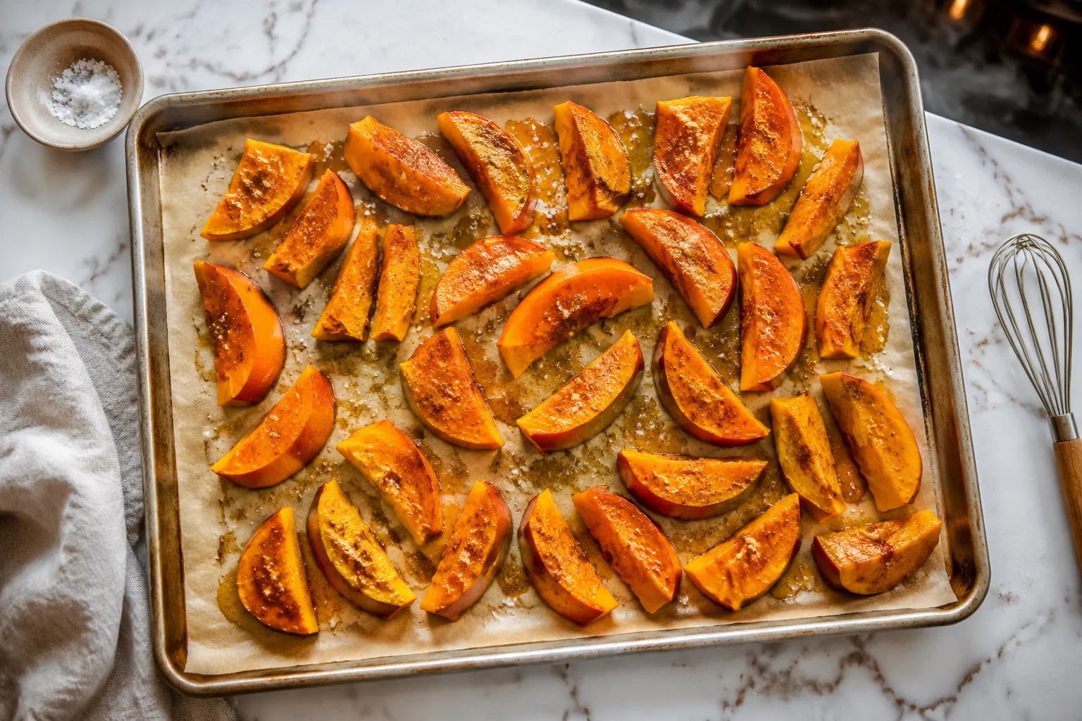 Sheet pan of seasoned roast pumpkin wedges before baking