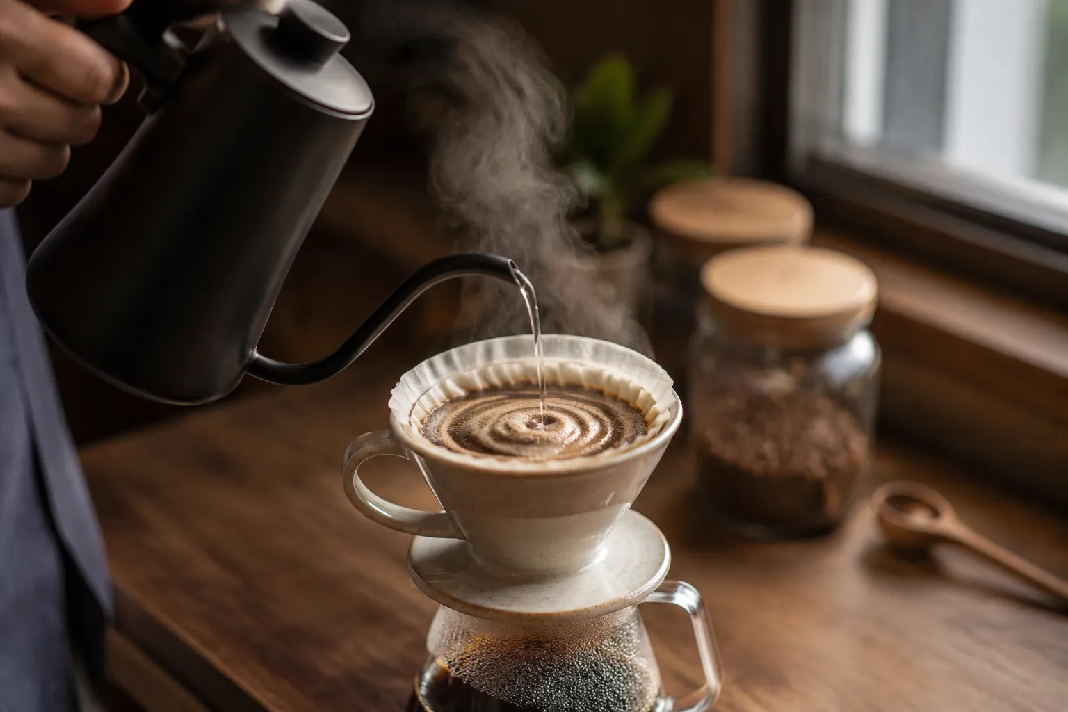 Pouring water in a spiral over coffee grounds for pour over coffee