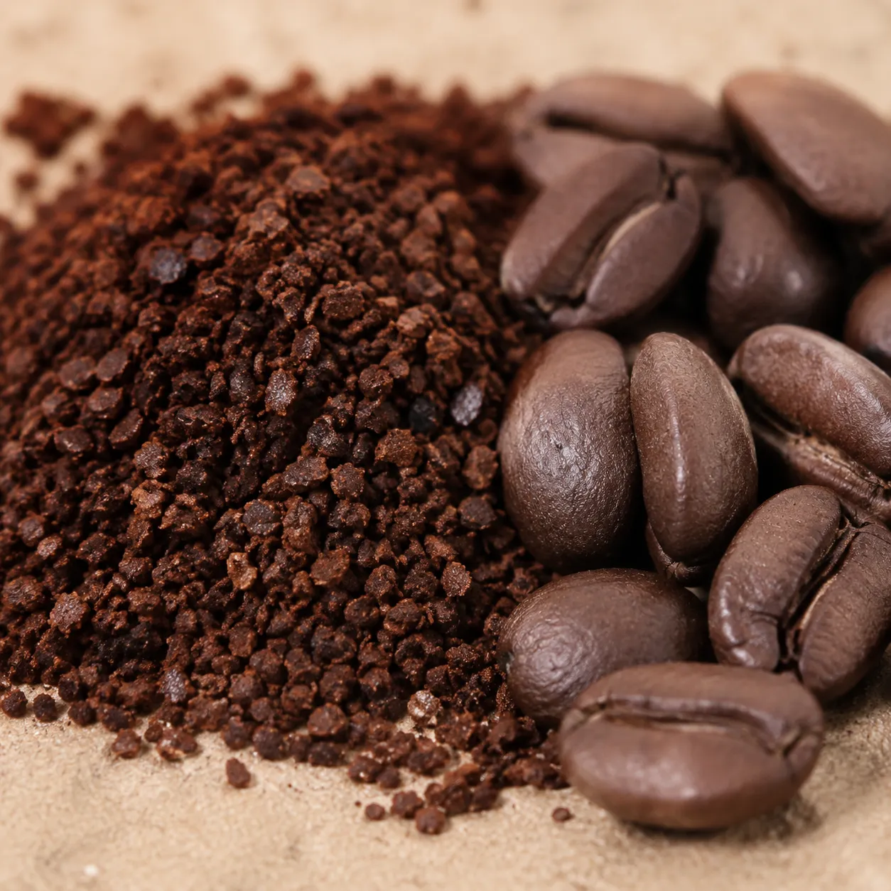 Medium-fine grind size for pour over coffee shown next to whole coffee beans