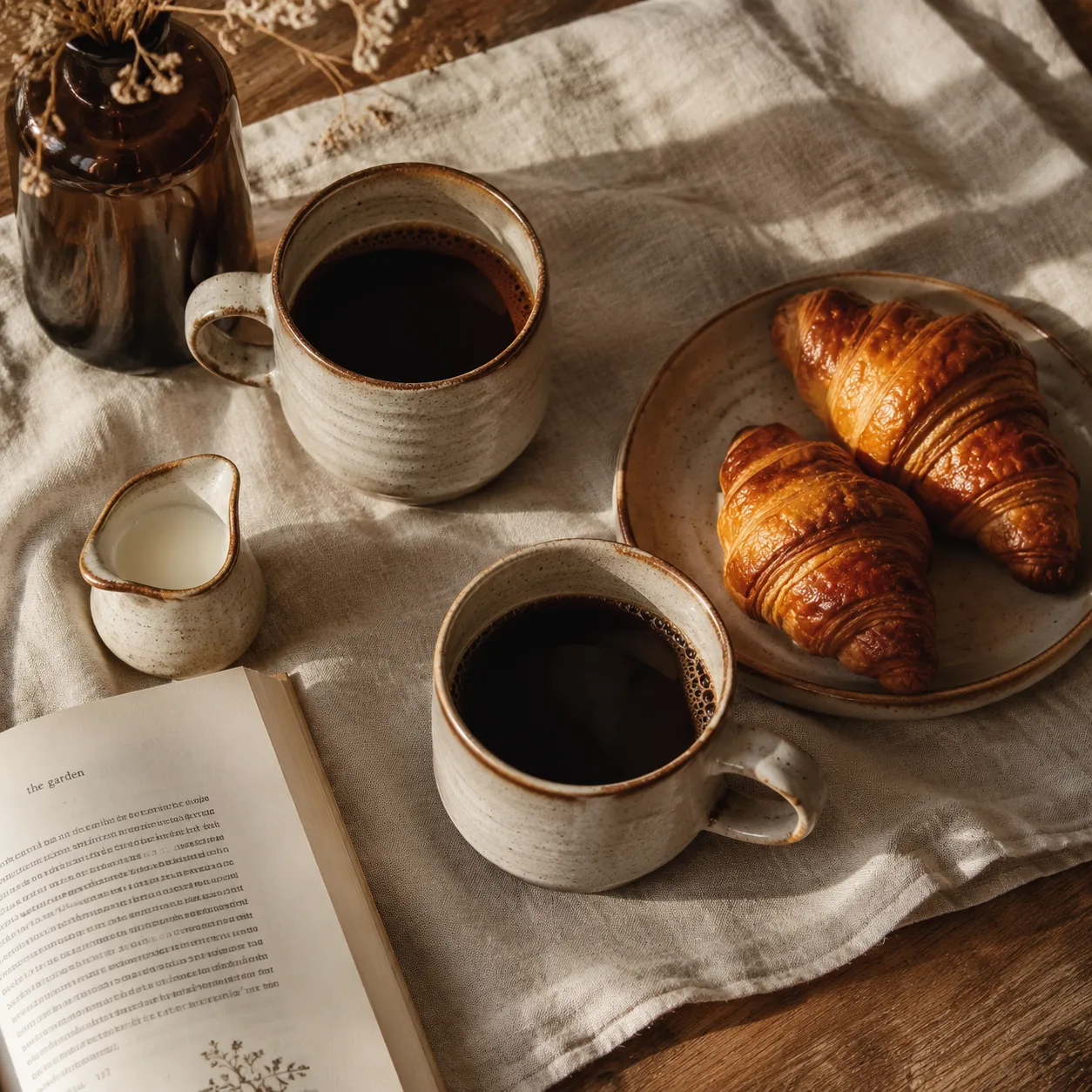 Pour over coffee served with pastries on a cozy breakfast table