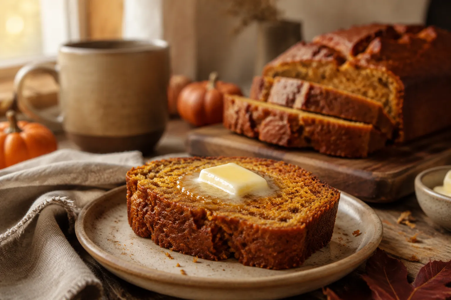Slice of pumpkin bread from a baking pumpkin recipes collection