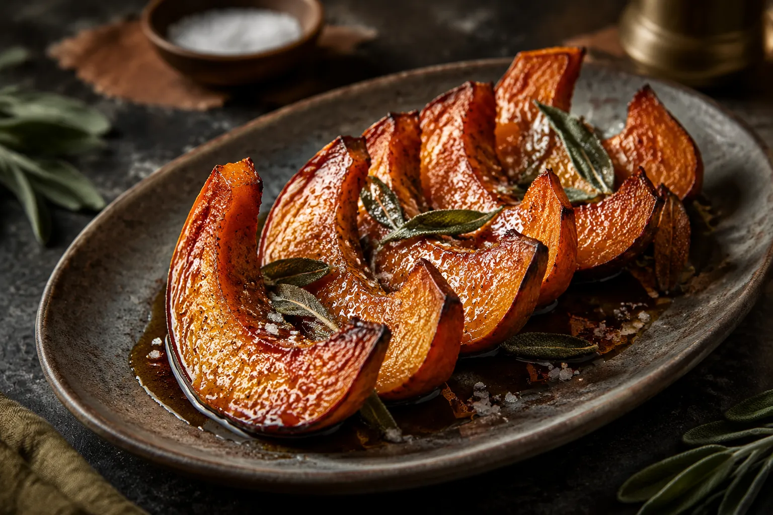 Maple roasted pumpkin recipes plated with sage and flaky salt