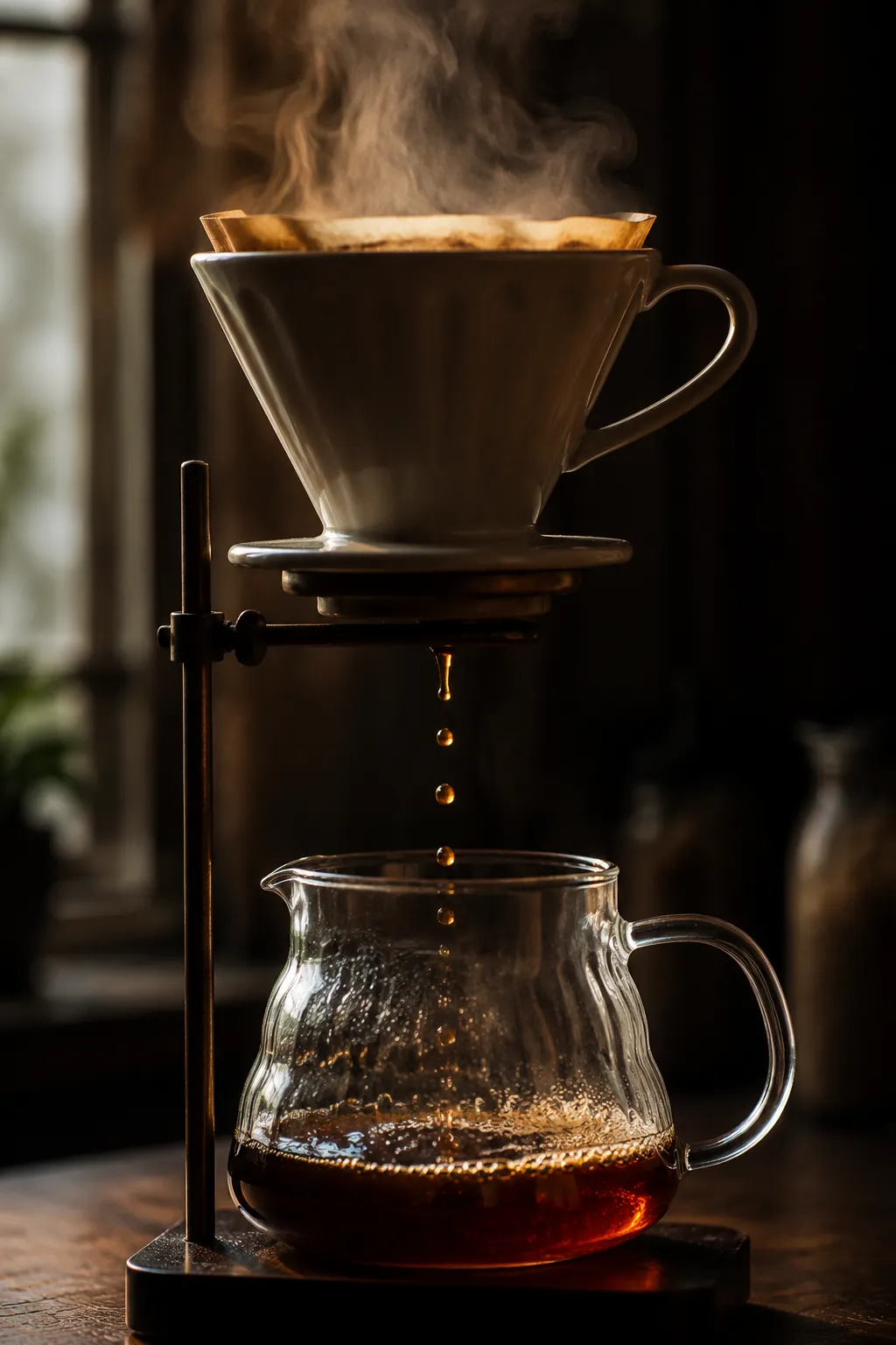 Pour over coffee dripping into a glass carafe in a slow steady stream