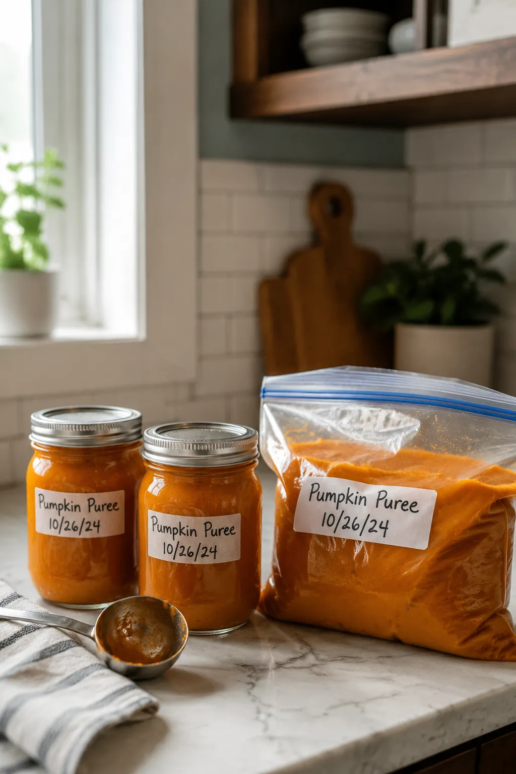 Homemade pumpkin puree stored in jars and freezer bags for pumpkin recipes