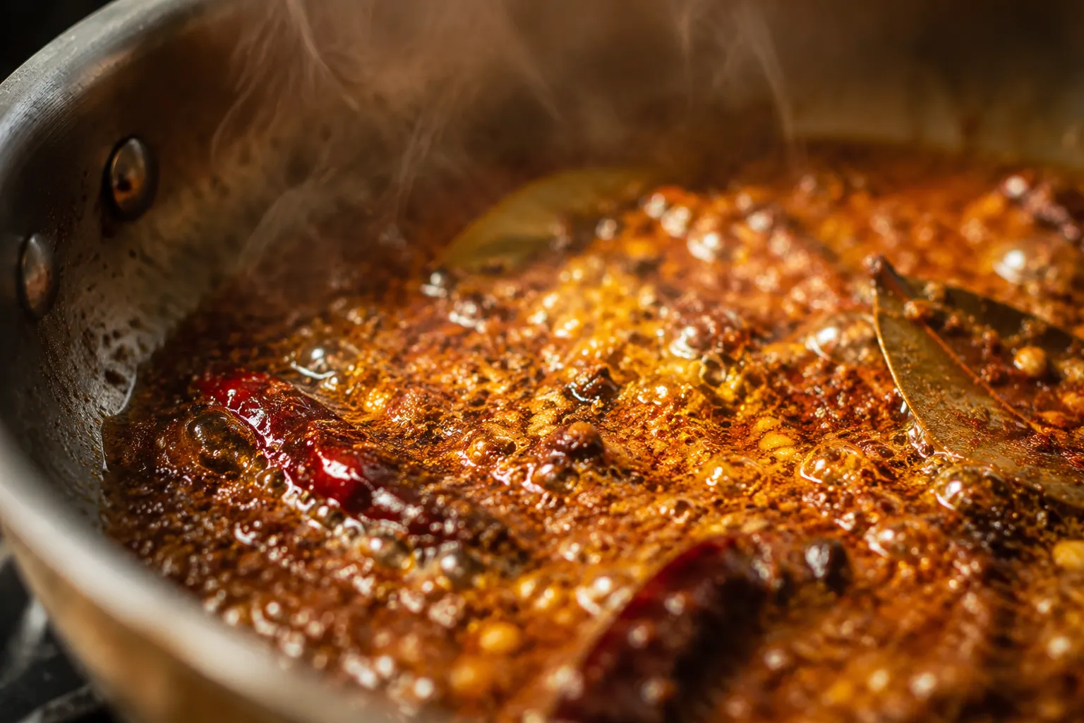 Blooming curry powder and garam masala in oil for chicken curry