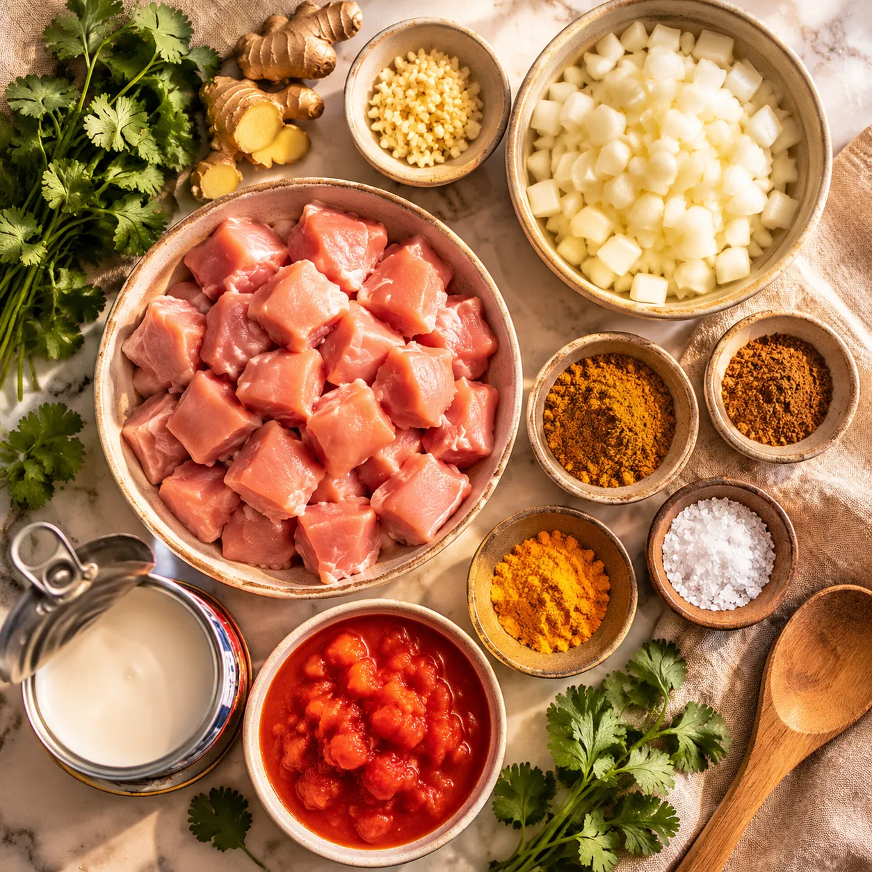 Curry chicken recipe ingredients flatlay with spices, chicken, and coconut milk