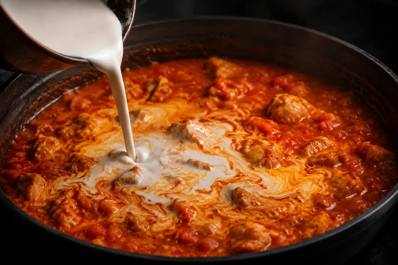 Pouring coconut milk into tomato sauce for chicken curry