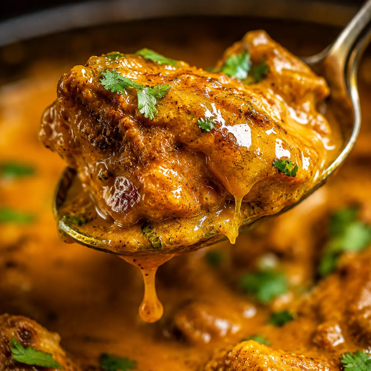 Close-up of tender curry chicken coated in coconut sauce