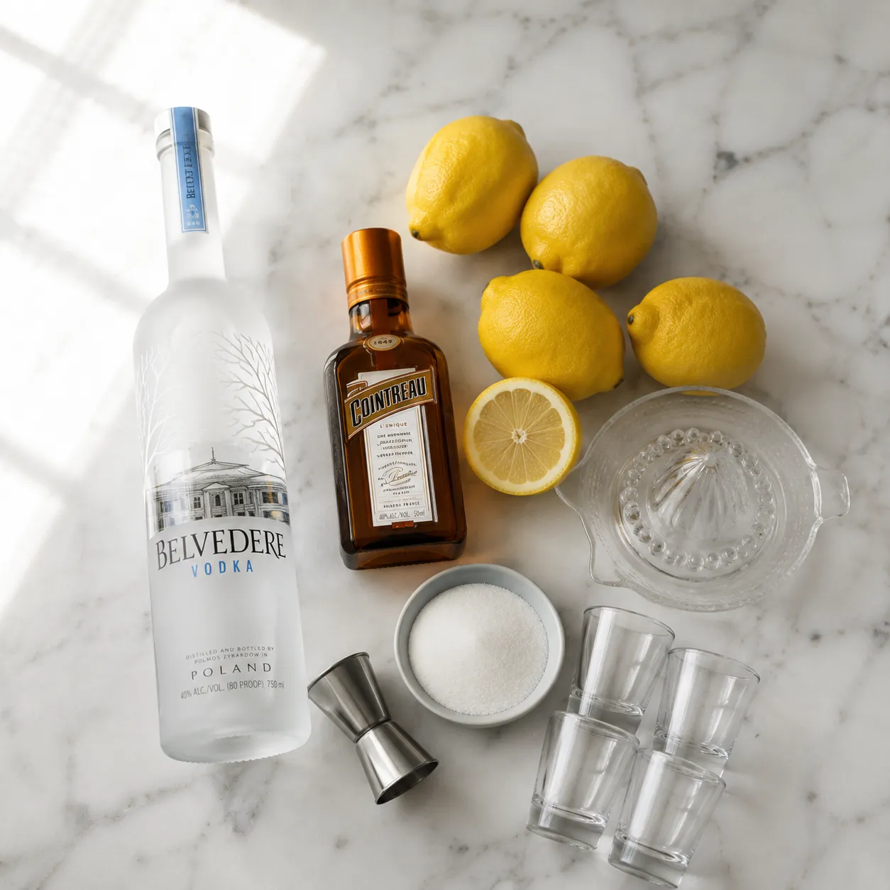 Lemon drop shot ingredients flatlay with vodka, lemons, and sugar