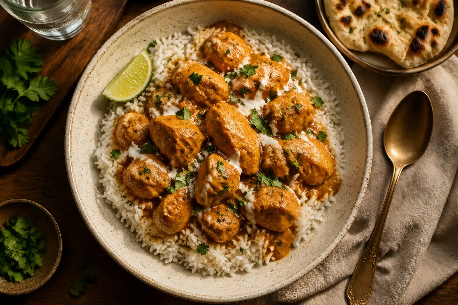 Curry chicken served over basmati rice with cilantro and lime