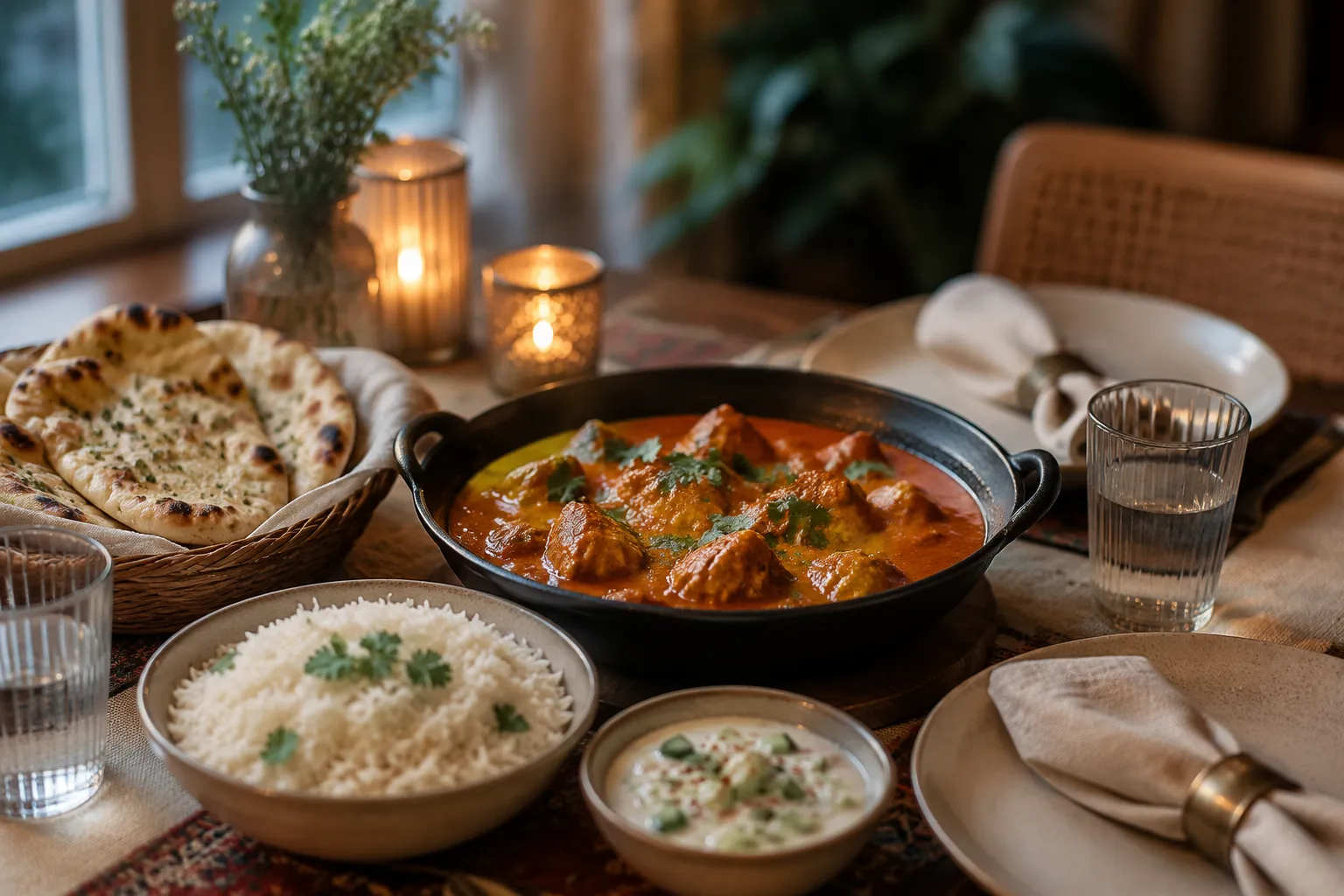 Curry chicken dinner table with naan, rice, and raita