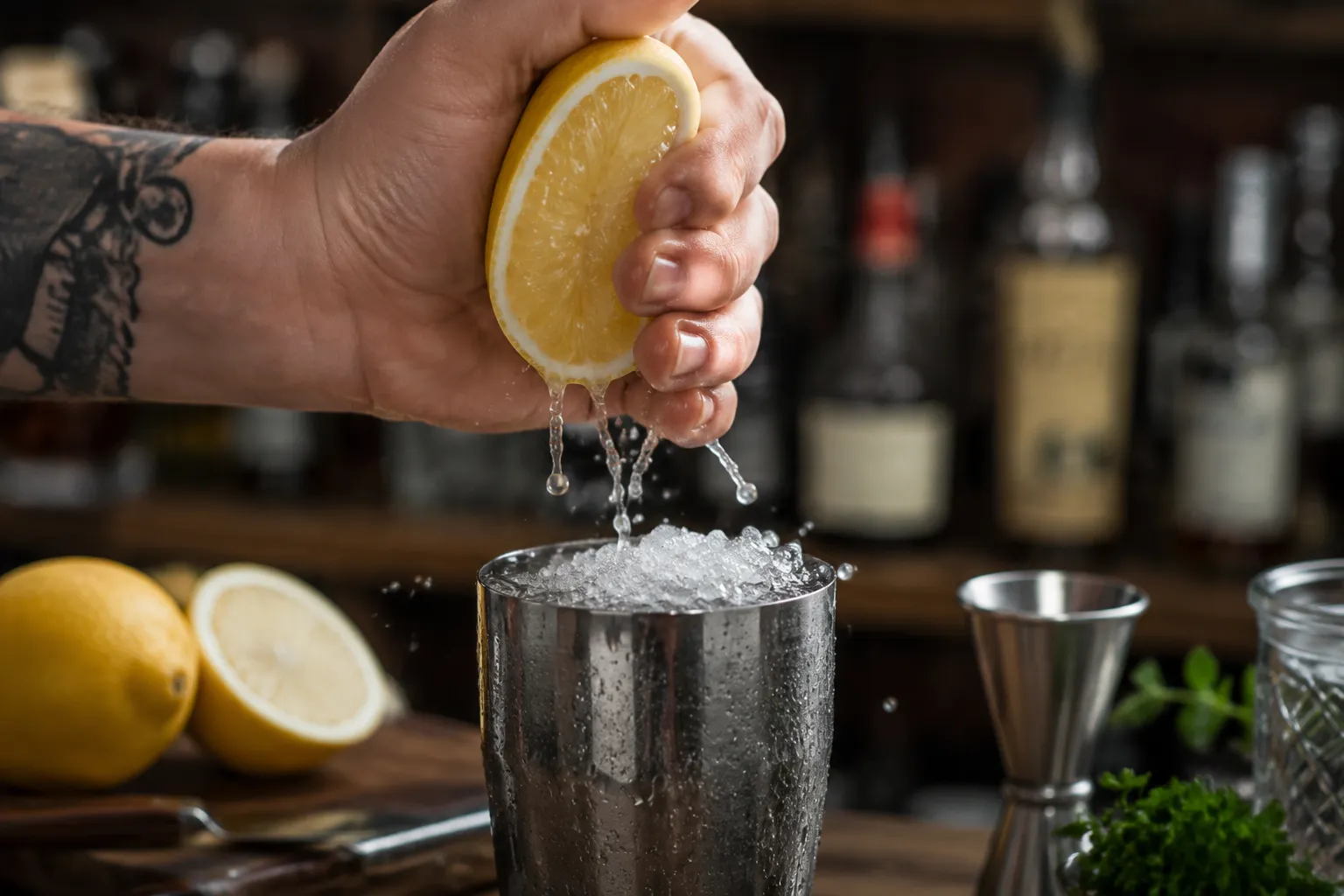 Squeezing fresh lemon juice into shaker for lemon drop shots