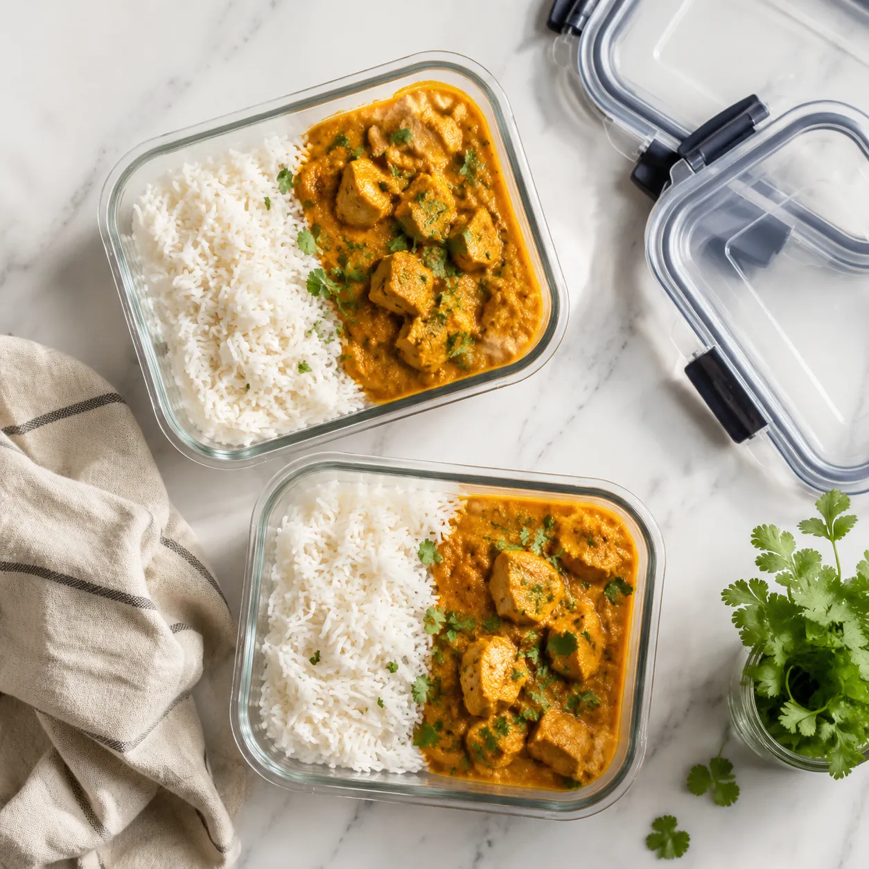 Curry chicken leftovers stored in glass meal prep containers