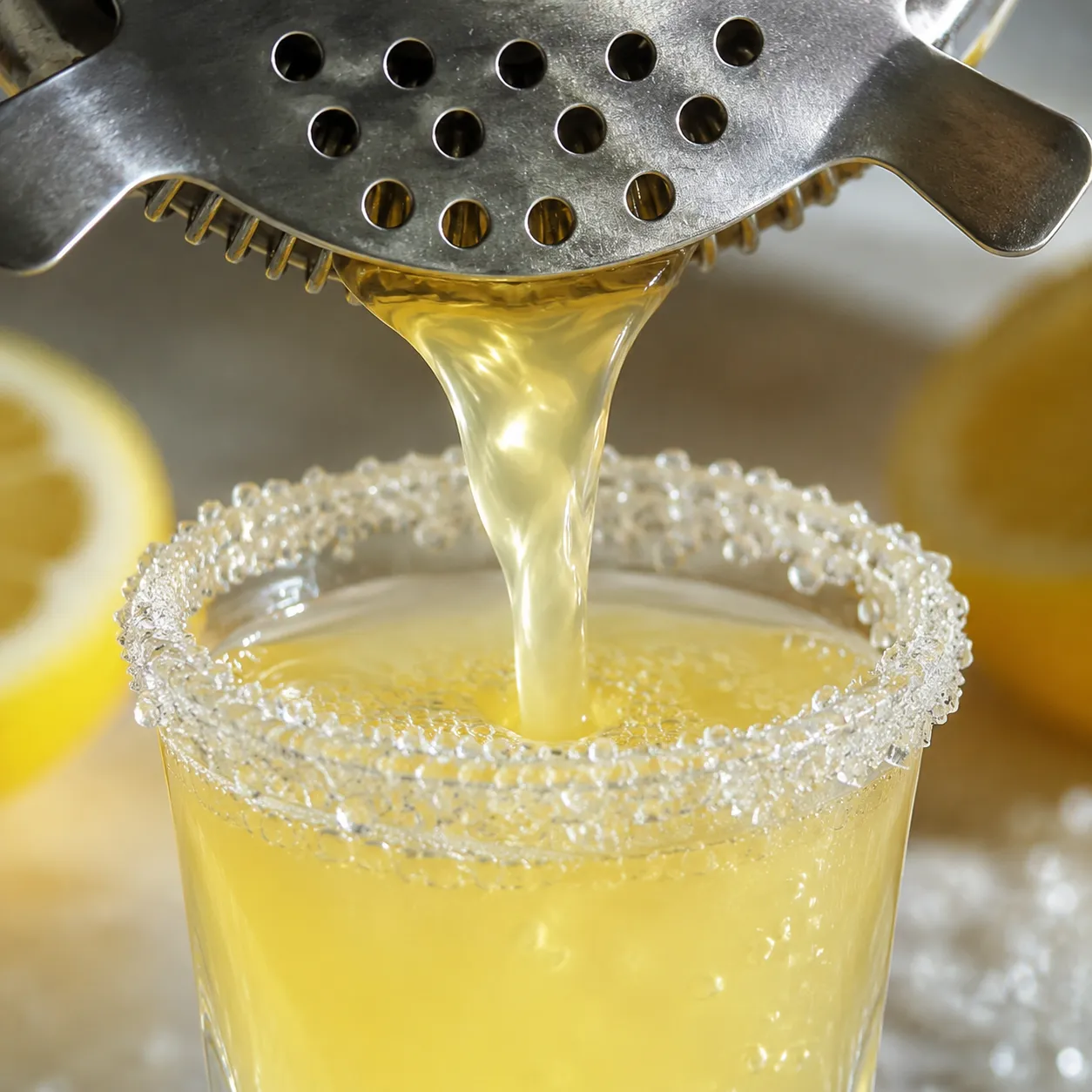 Pouring lemon drop shot through strainer into sugar-rimmed glass