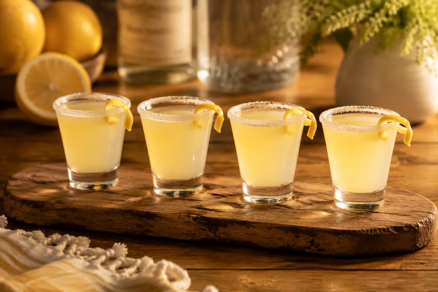 Finished lemon drop shots arranged on a wooden serving board