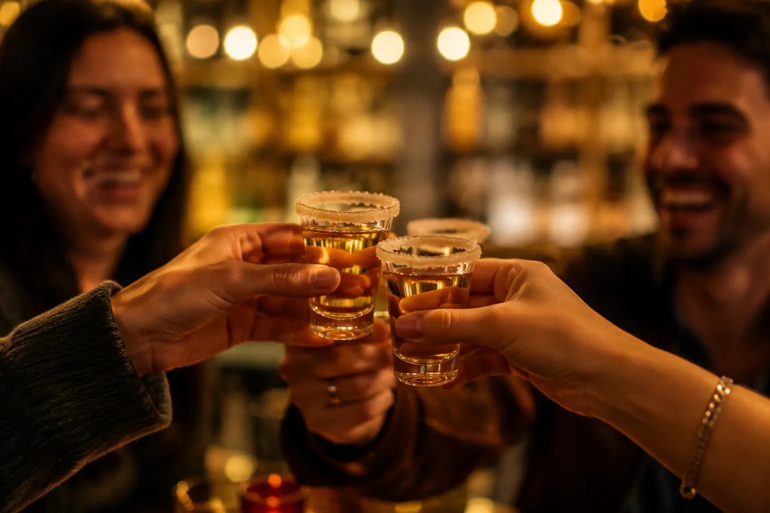 Friends toasting with lemon drop shots at a party