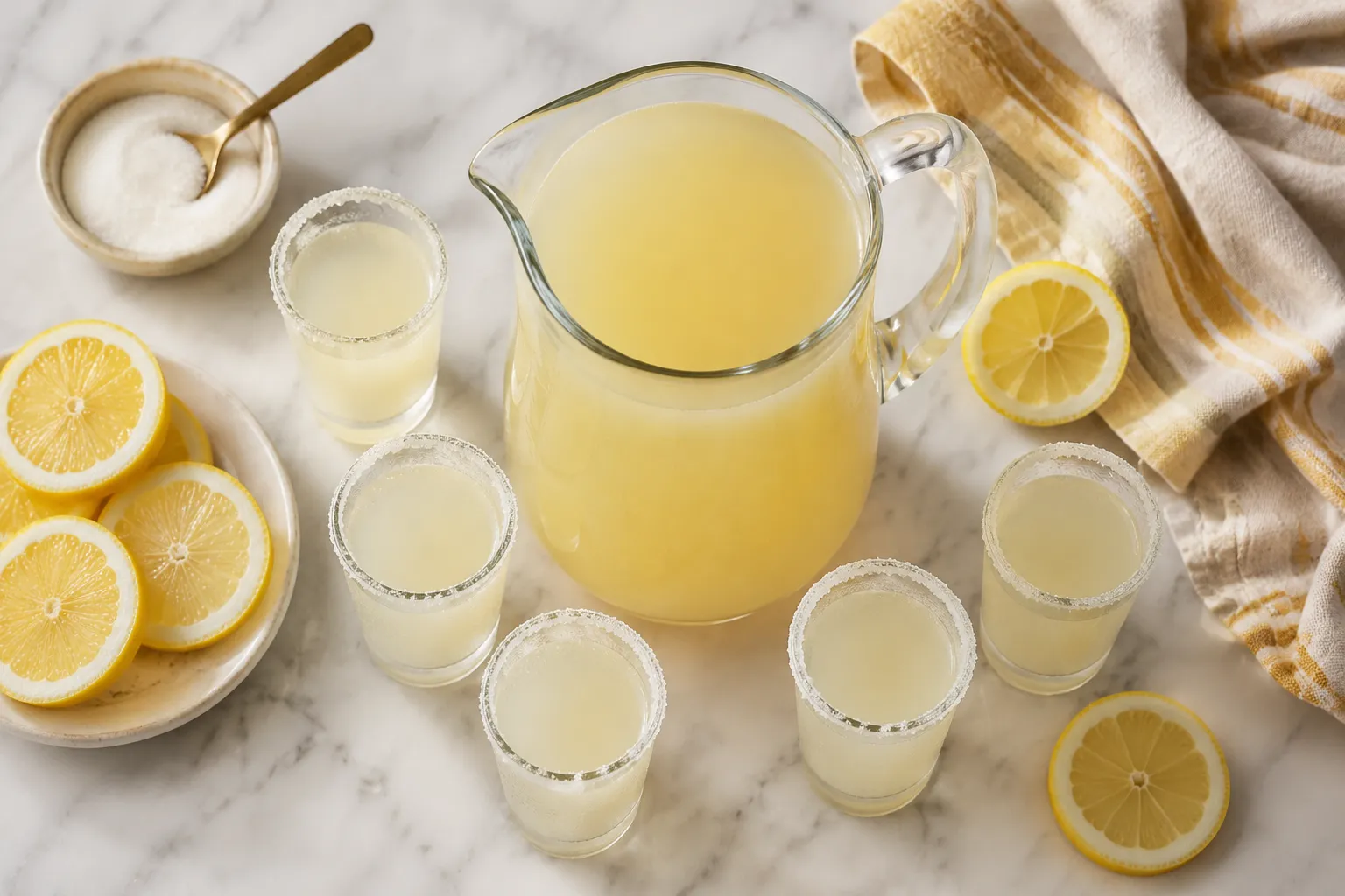 Make-ahead batched lemon drop shot mix with rimmed glasses