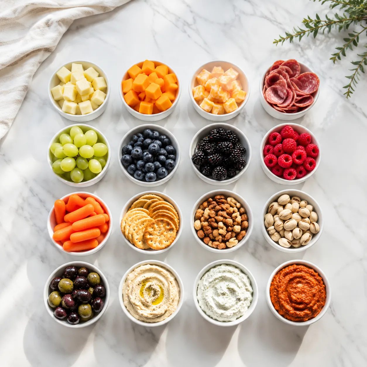 Snackle box ingredients flatlay with cheese meats fruit and crackers