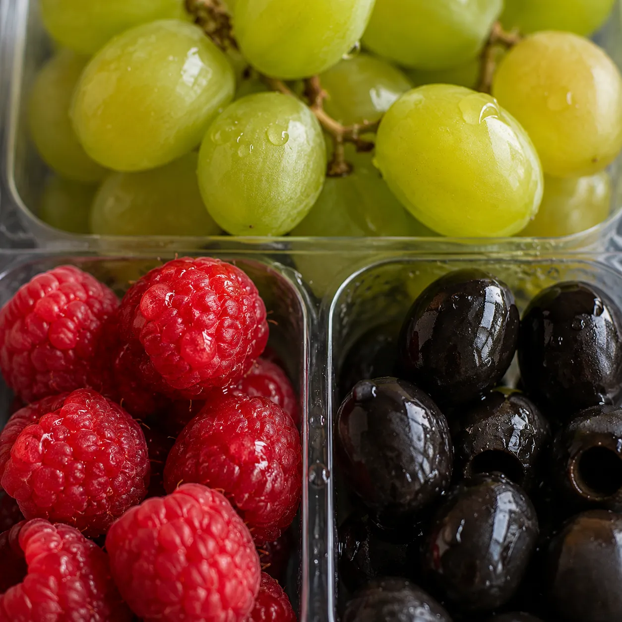 Close-up of fresh fruit and olives in a snackle box