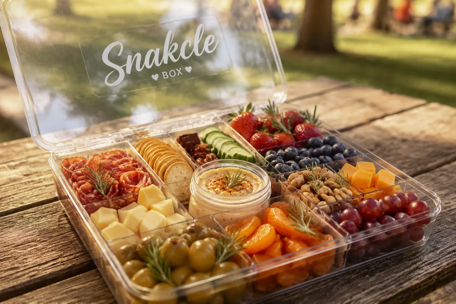 Finished snackle box charcuterie tackle box styled on a picnic table