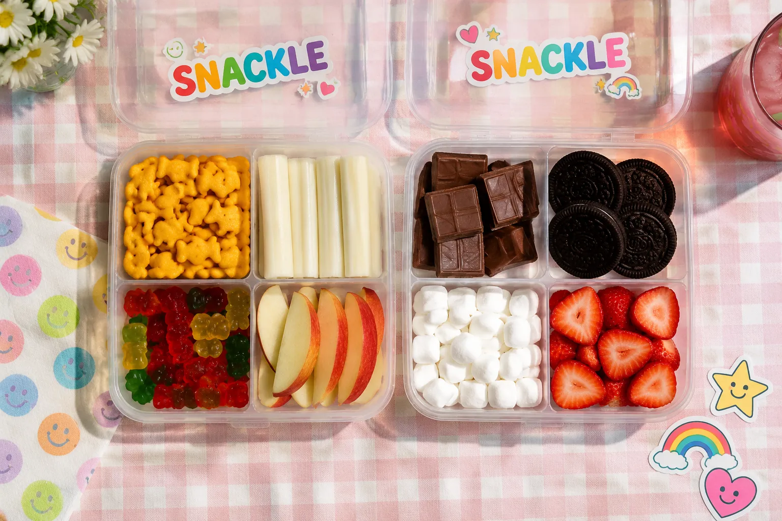 Kids and dessert snackle box variations side by side