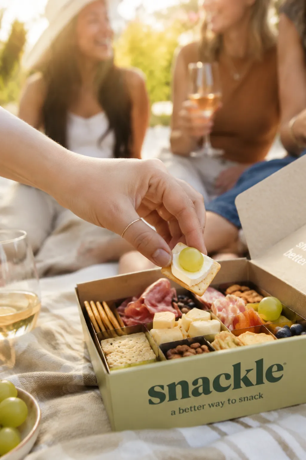Sharing a snackle box at an outdoor summer picnic