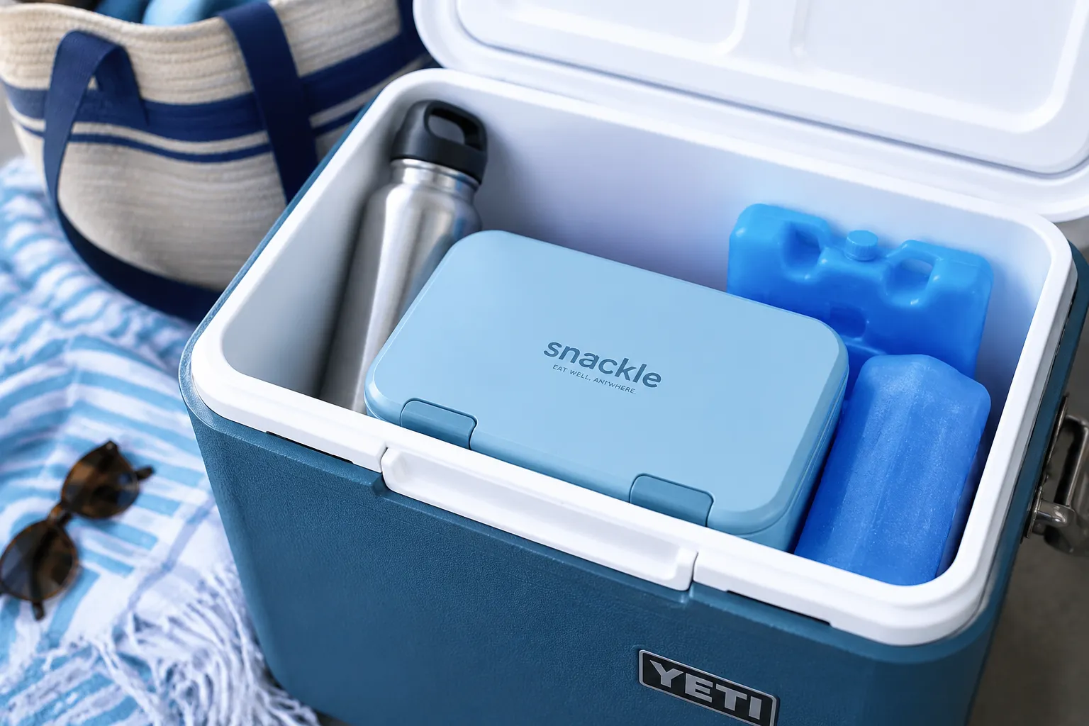 Snackle box packed in a cooler for travel and storage