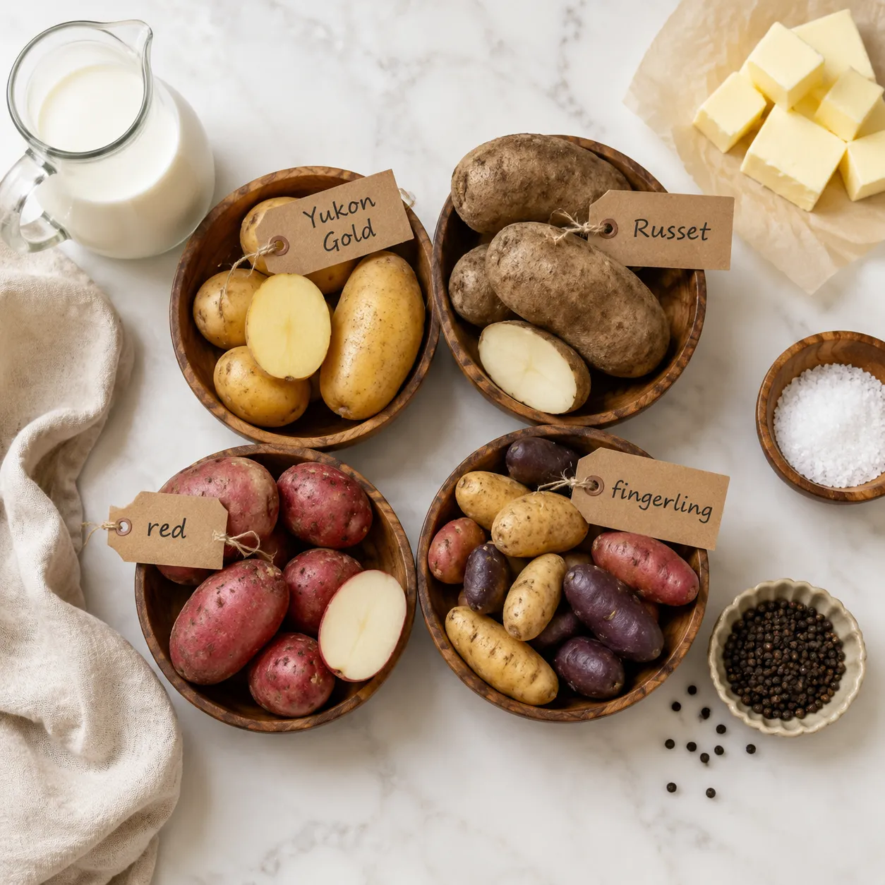 Yukon Gold, Russet, red, and fingerling potatoes compared for mashed potatoes