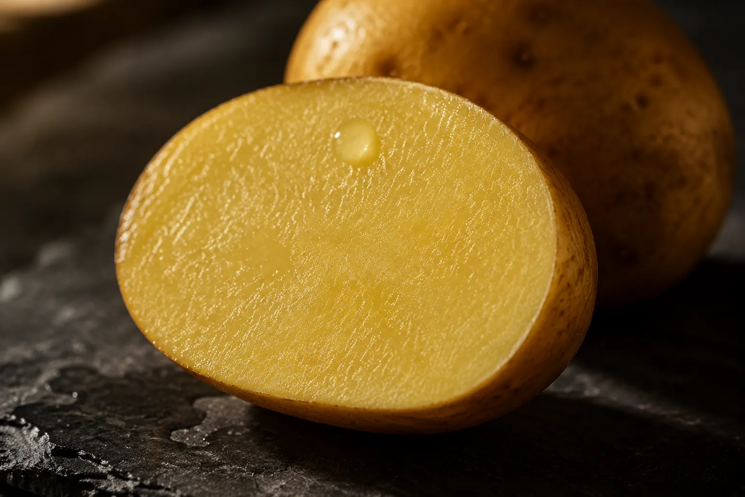 Close-up of Yukon Gold potato cut in half showing buttery golden flesh