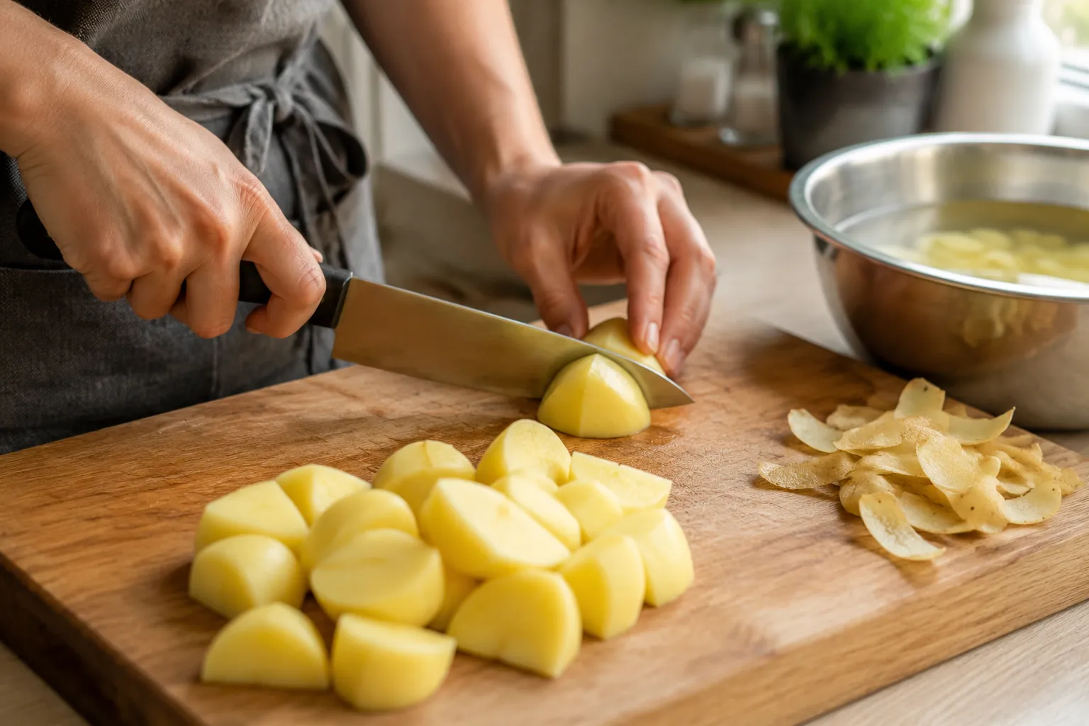 Cutting potatoes into even chunks for mashed potatoes