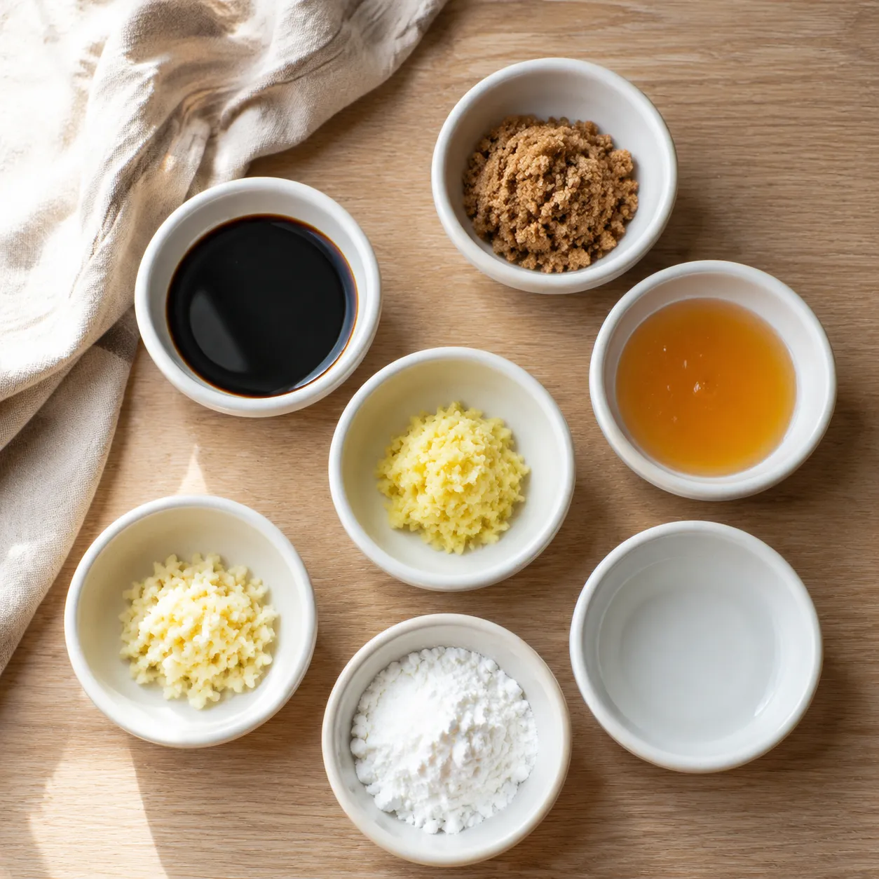 Homemade teriyaki sauce ingredients flatlay on wooden board