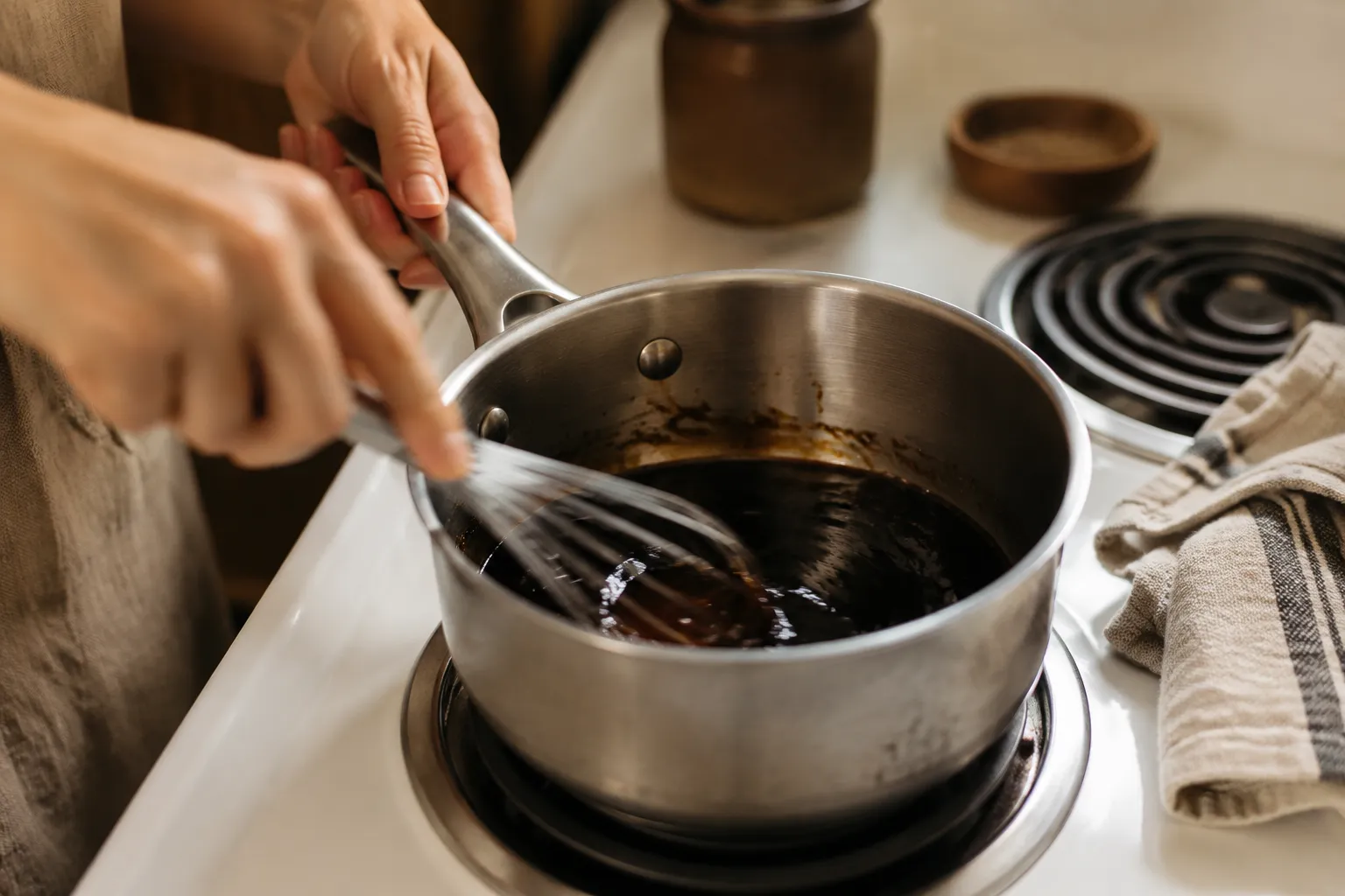 Whisking soy sauce and brown sugar to make homemade teriyaki sauce