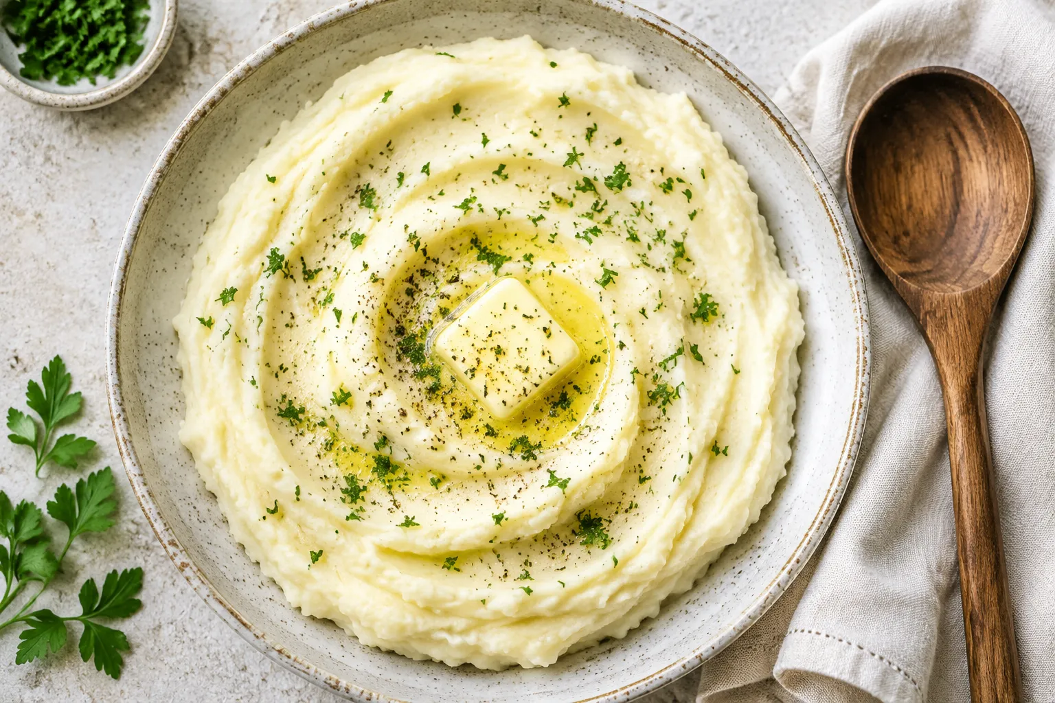 Finished bowl of creamy mashed potatoes with melting butter on top