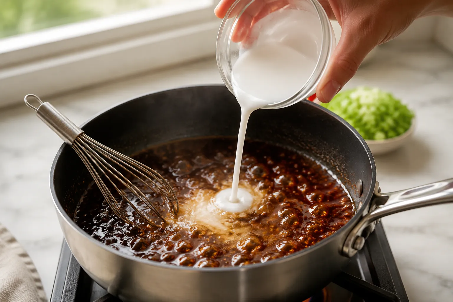 Adding cornstarch slurry to thicken homemade teriyaki sauce