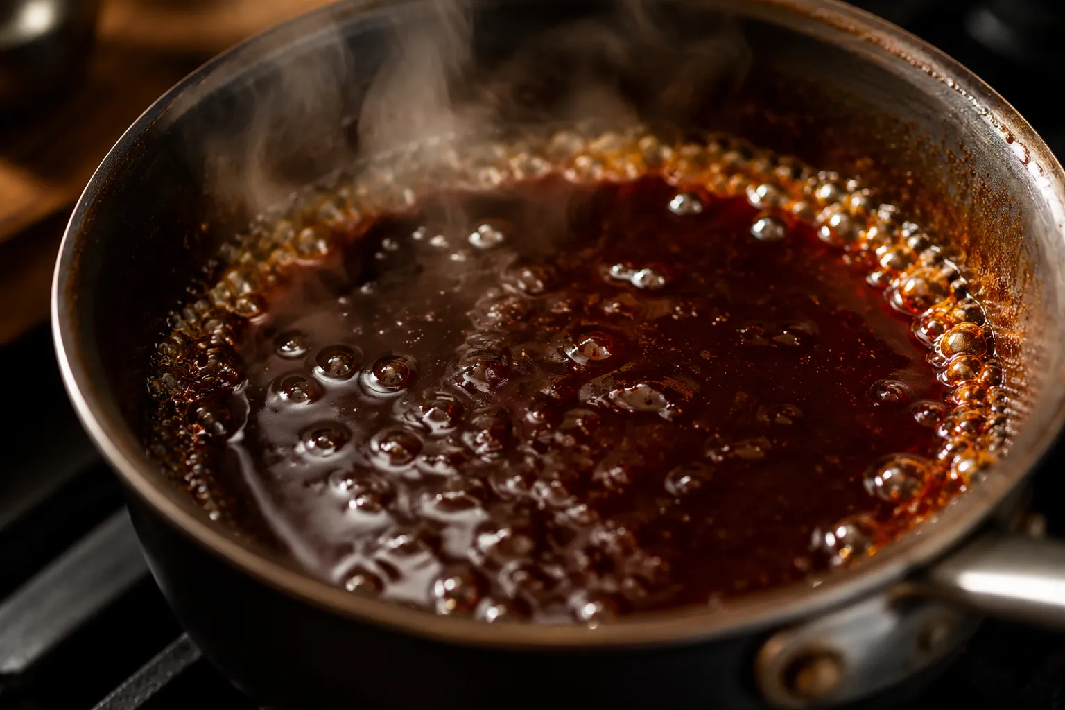 Teriyaki sauce simmering in saucepan with glossy bubbles