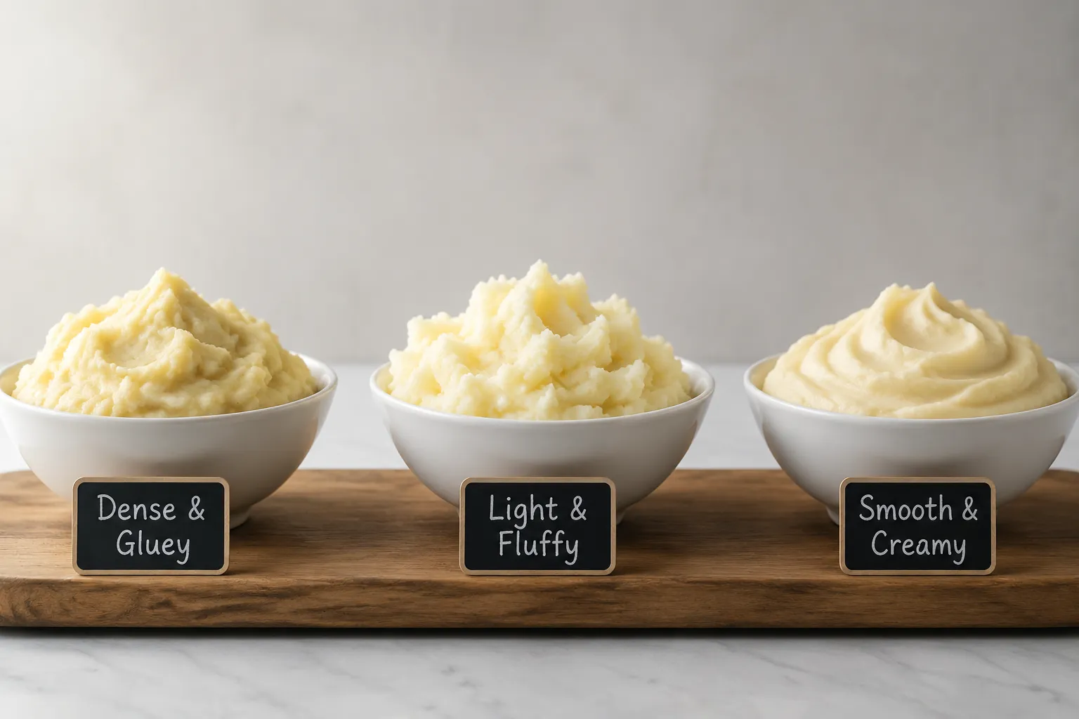 Comparison of gluey, fluffy, and creamy mashed potato textures by potato type