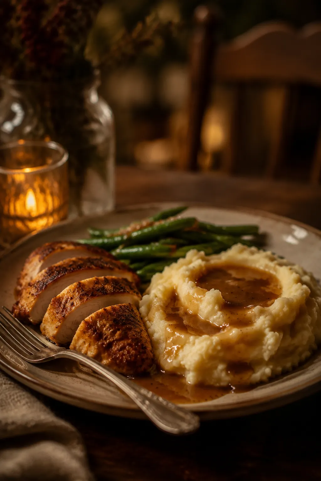 Mashed potatoes served with roast chicken and gravy on a dinner plate