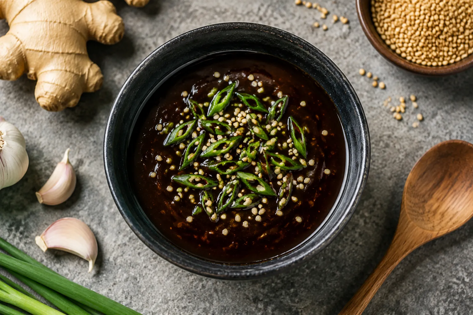 Finished homemade teriyaki sauce in bowl with sesame seeds