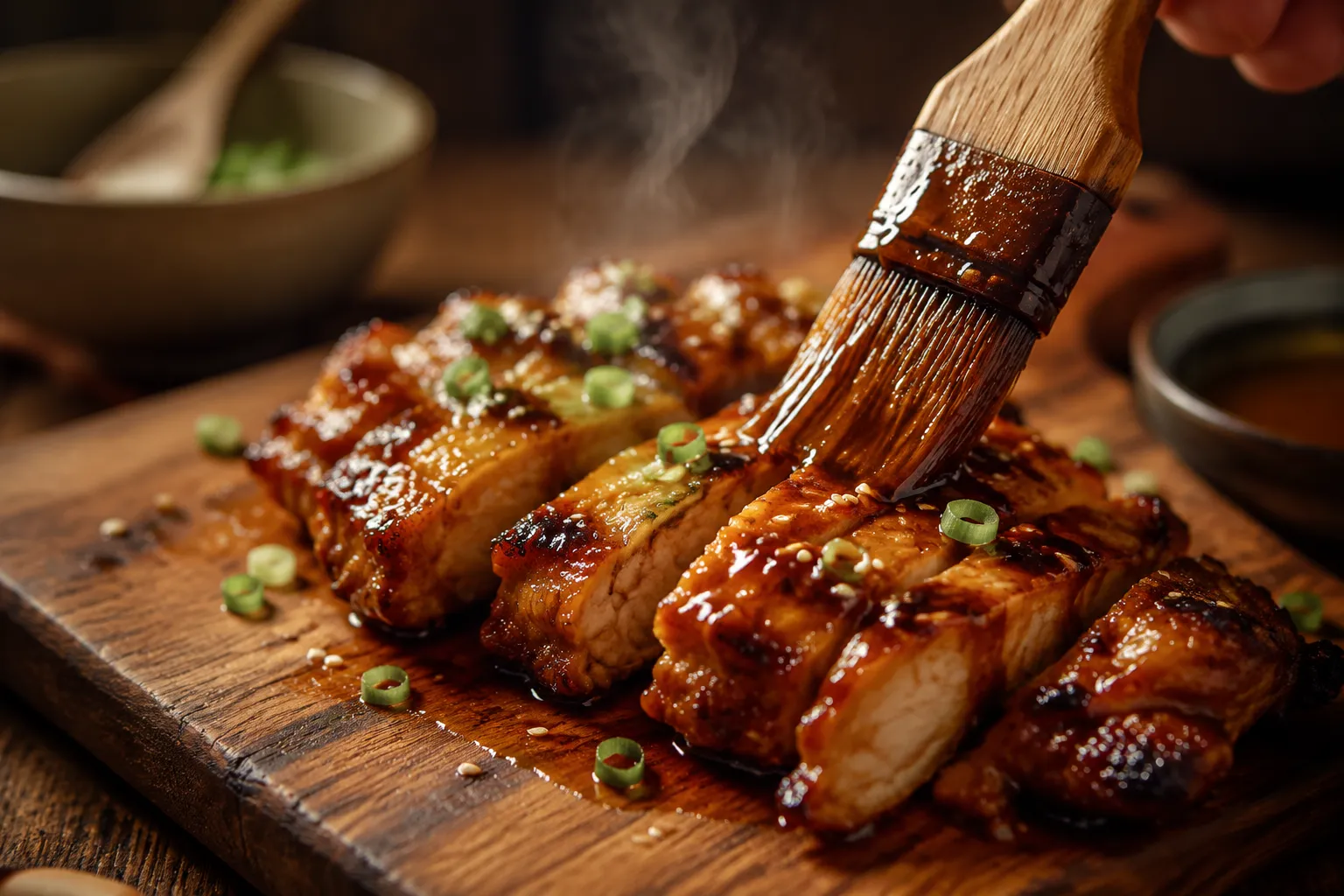 Brushing homemade teriyaki sauce over grilled chicken thighs