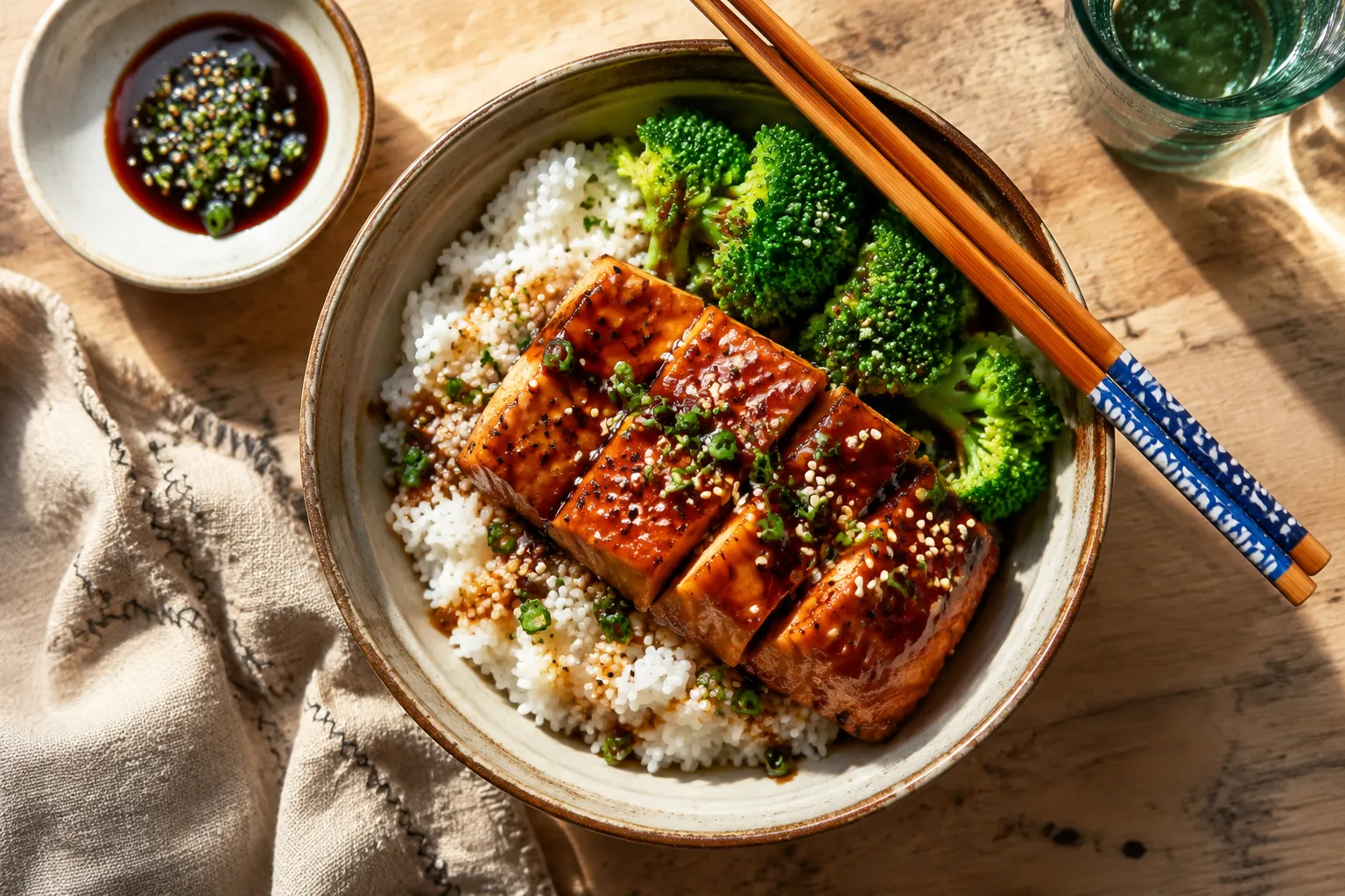 Teriyaki sauce served over salmon rice bowl with broccoli