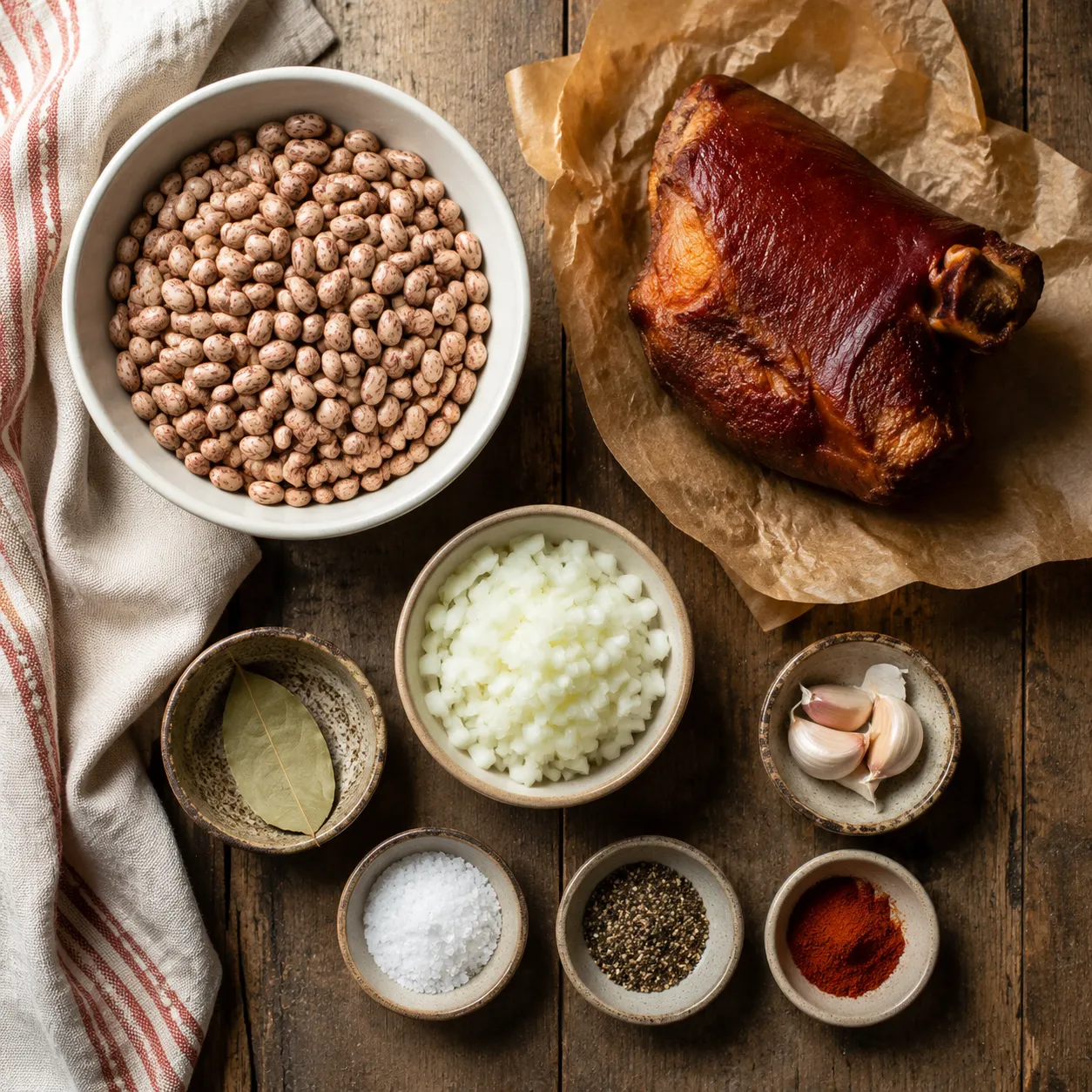 Dried pinto beans, ham hock, onion, and seasonings for brown beans recipe