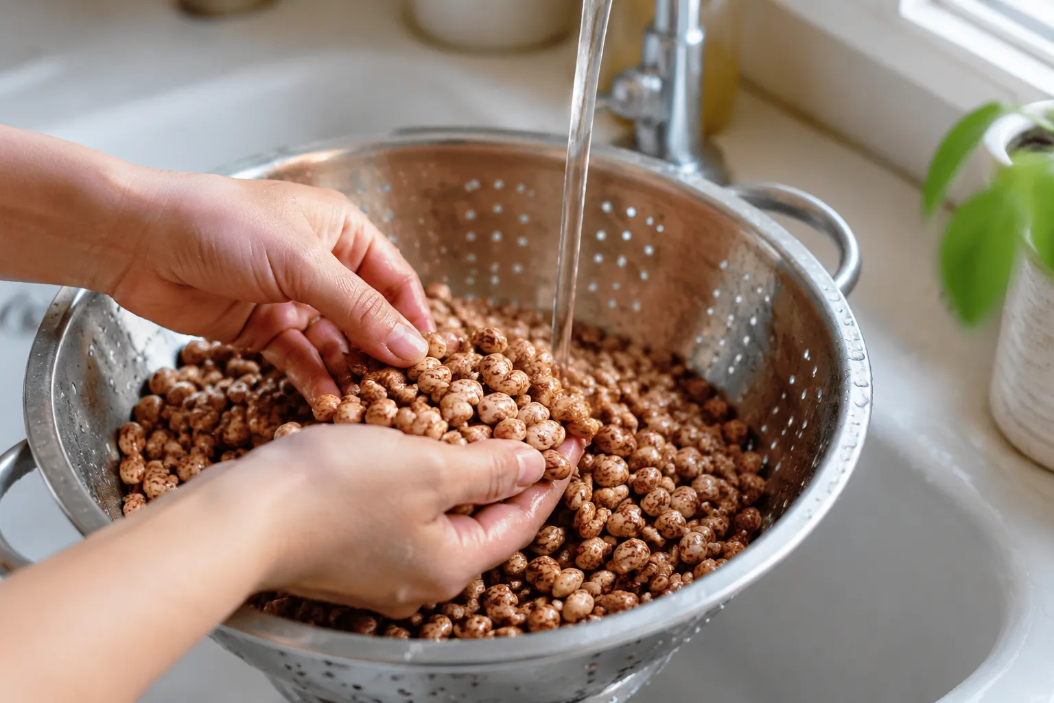 Sorting and rinsing dried pinto beans before cooking brown beans