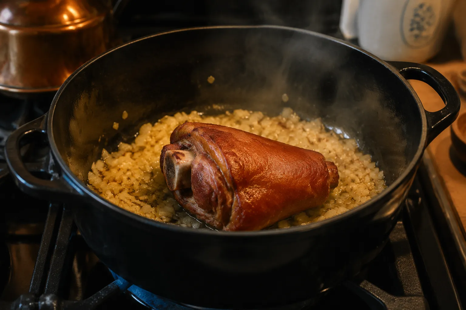 Building flavor with onion, garlic, and ham hock for Southern brown beans