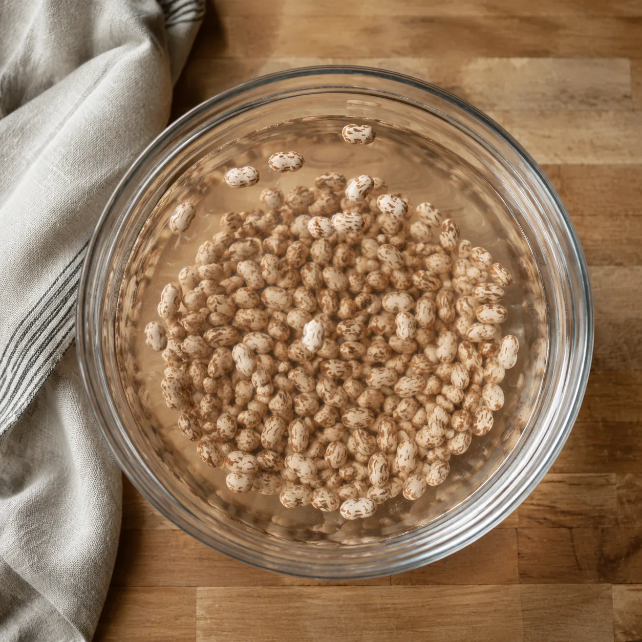 Dried beans soaking overnight in water for tender brown beans