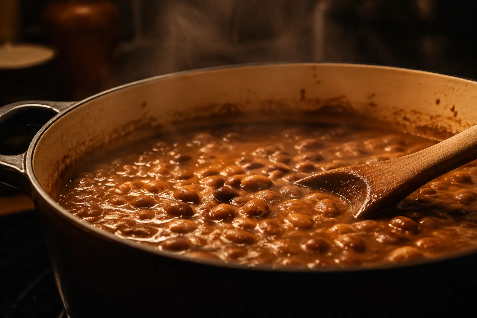 Brown beans simmering low and slow on the stovetop in their broth