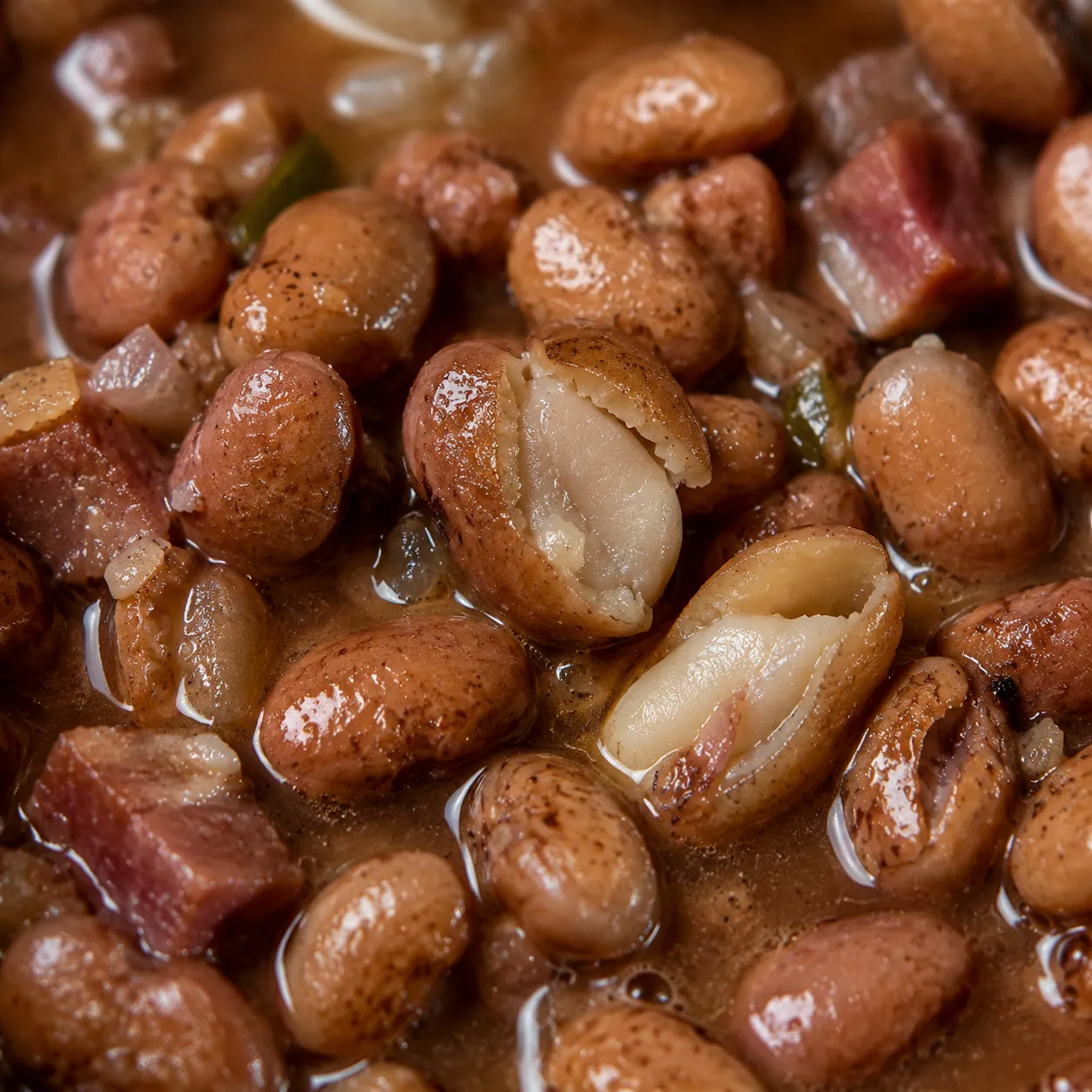 Macro close-up of creamy brown beans in rich pot liquor