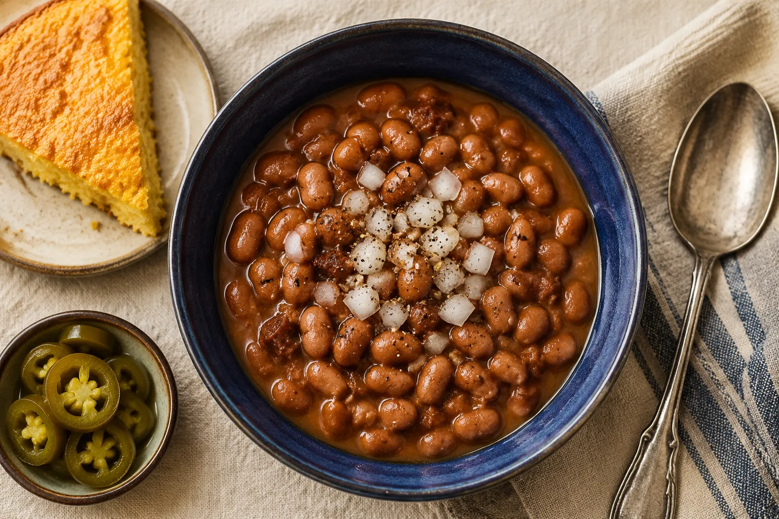 Bowl of finished Southern brown beans with onion and cornbread
